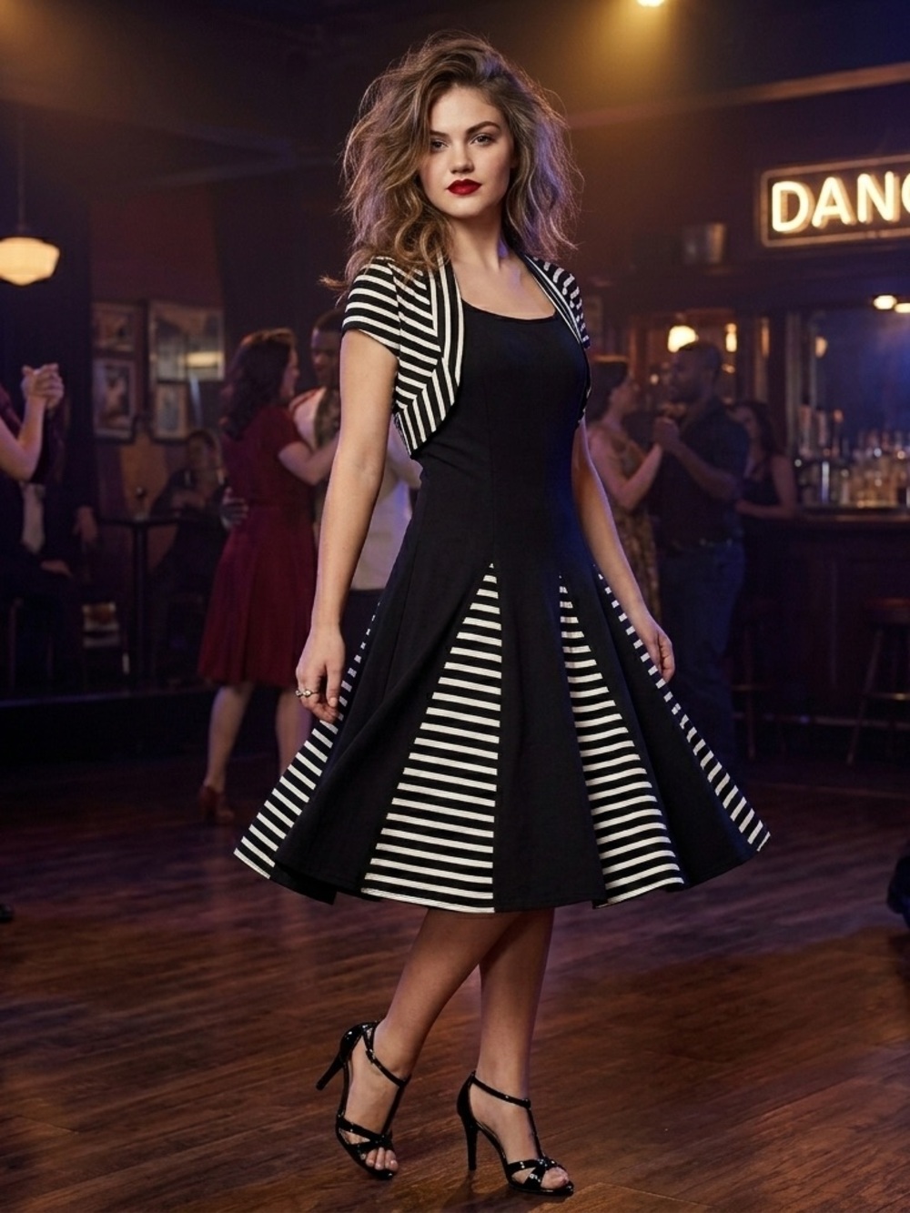 Soft Works Rockabilly Dress & Bolero Set Medium M Black White Striped Fit Flare